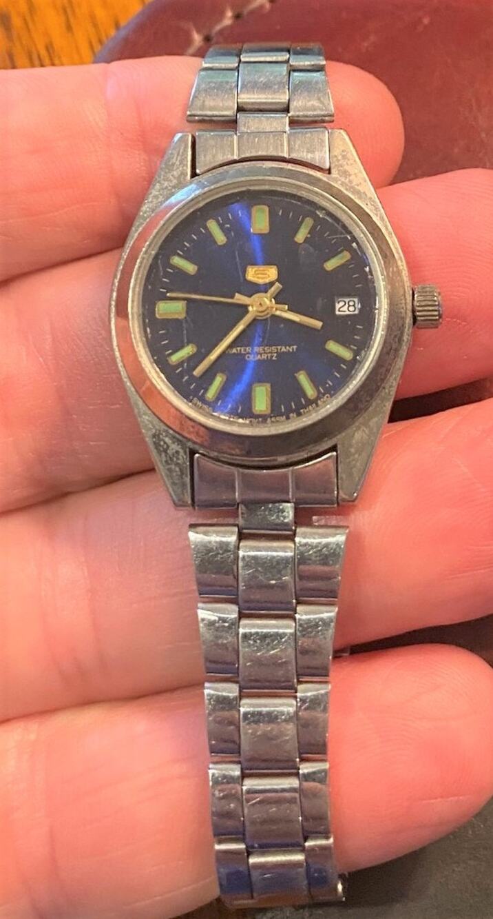 Women's 28mm Silver Tone "5" Watch, Dark Blue Face